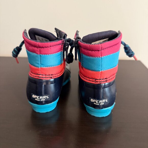 Sperry Toddler Duck Boots Size 7 Navy Teal Pink Lace-Up Rain Boots - Picture 4 of 8